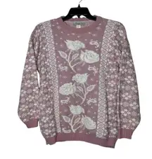 Vintage 90s 1990s Rose Floral Crew Neck Pink Sweater retro Floral
