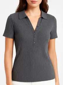 Athleta Ribbed Collared Button Front Top Size Medium