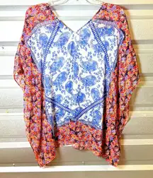 NYDJ Boho Caftan‎ Top Womens Blue Red Paisley Floral Oversized Chiffon Blouse M