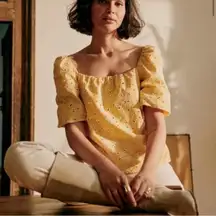 Sézane Lois Short Puff Sleeve Floral Lace Blouse | Sz 34 (US 2) | Ecru Yellow