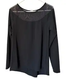Black Long‎ Sleeve Top Mesh Yoke Asymmetrical Hem Blouse