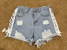 Distressed High Waisted Jean Shorts With Cut Out Tie Sides