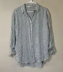 Jane & Delancey Blue Stripe Rayon Blend Long Tab Sleeves Soft Summer Shirt large