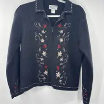 VTG Pendleton Wool Floral Embroidered Zippered‎ Cardigan Dark Gray Jacket M