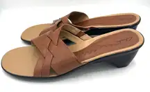 CLARKS Brown Woven Leather Cross Strap Slide Sandals Notched Wedge Heel Size 11