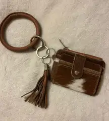 Brown Cowhide leather keychain with ring, card holder, and tassel
