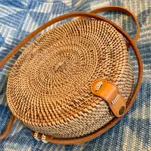 Round Woven Tan Crossbody Bag