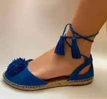 Aquazzura Sunshine‎ Royal Blue Suede Lace Up Pom Pom Tassel Espadrilles Size 36