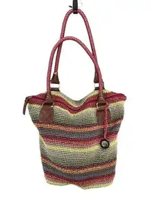 The Sak Tote Bag Womens Rainbow Stripe Cambria Crochet Woven Braided Zip Boho