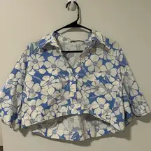 ZARA  100% White and Blue Floral Button-Up Crop Shirt Coastal Cottagecore Size M