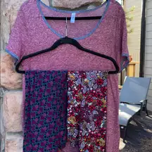 LuLaRoe Set of 3 Purple Heathered CLASSIC Tee Tunic Floral One Size Leggings