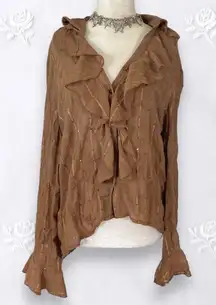Adolfo Brown Tan Early 2000's Frilly Ruffle Sequin Flare Button Up Blouse XL