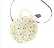 LOFT Outlet Rattan Wicker Circle Purse Colorful Pom Poms Shoulder Bag NWT OS