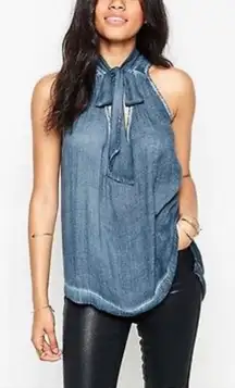 Free‎ People Large Blue Tie Neck Sleeveless Lightweight Rayon Tank