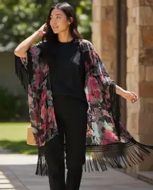 Sans Souci Floral Fringe Kimono Black Sheer Boho Cover Up Women’s Large