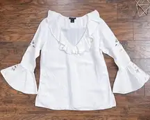 NATORIous • linen blouse ruffle popover eyelet cut out Natori luxury cream white