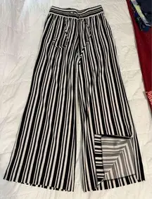 New York &Co Women Black Striped Wide Leg Pant M Elastic Waist Drawstring Casual