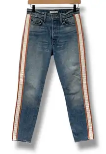 GRLFRND‎ Karolina High Rise Crop Jean Distressed Raw Hem Stripe Revolve Size 26