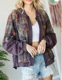 Oli & Hali Mixed Media Zip Front Small Shacket Blue Plaid Patchwork Boho Oversz