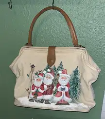 Vintage Hand painted Santa Canvas Tote Bag with Tan Handles Christmas Purse