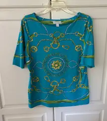 Charter Club Teal Equestrian Print Boat Neck 3/4 Sleeve Top Women's Medium
