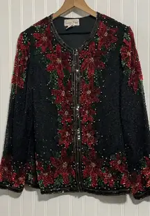 Vintage LAURENCE KAZAR XXL Poinsettia Sequin Jacket 100% Silk Holiday Party GLAM