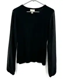 Loft Size Medium Sweater‎ Black Solid Knit Pullover Semi Sheer Sleeves Holiday