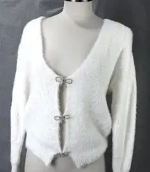White Eyelash Knit Cardigan Rhinestone Bow Closures Soft Glam Sweater