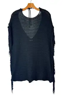 Zara Sweater Women Small Black Open Knit‎ V Back Fringe Sides Short Sleeve Tunic