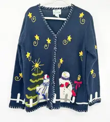 Quacker Factory Womens VTG Vintage Snowman Ugly Christmas‎ Cardigan Sweater M