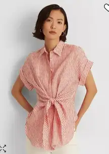 Lauren‎ Ralph Lauren Black Label Red Striped Linen Tie Waist Top