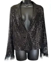 Nanette Lepore Sequin Jacket Sz M Black Ostrich Feather Trim NYE Holiday Party