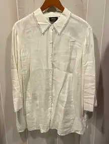 Lovely vintage 90s Dana Buchman linen square button creamy blouse blue trim