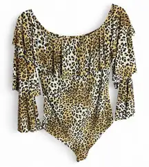 Leopard Print Bodysuit Med |  Off Shoulder  | Bell Sleeve 🐆 Total Y2K vibes!