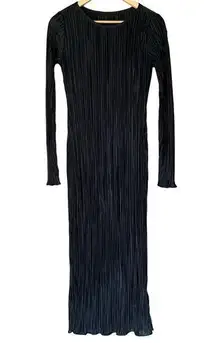 Commense Maxi Dress Pleated Satin Lightweight Long Sleeve Black Size XS NEW