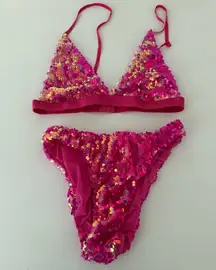 Dolls Kill Pixie Playroom Pink Iridescent Sequin Bikini Set
