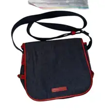 Dooney & Bourke denim messenger bag with red leather trim
