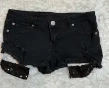 Rue 21 Black Denim Cutoff Shorts Sequin Embellished Distressed Frayed Size 5 6
