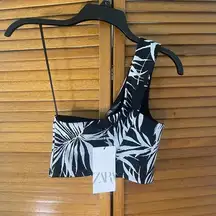 Zara One Shoulder Palm Print Jacquard Cross Over Crop Top S NWT