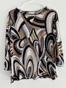 All Hours Top Womens Size Medium 3/4‎ Sleeve Black Kaleidoscope Retro Sequin 70s