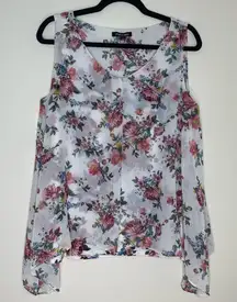 Roz & Ali | White Floral Sleeveless Chiffon Layered Blouse | Large