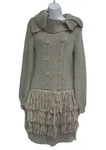 Sisley Womens Long Sweater Coat Size S Beige Button Front Boho Fringe Italy