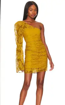 For Love & Lemons Tiana Lace Mini One Shoilder Dress in Yellow-Gold NWT Revolve