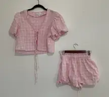MABLE Pink White Gingham Check Puff Sleeve Crop Top Shorts Set Women's Size S