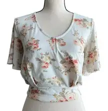 Crop V Neck Top Blouse Floral Romantic Open Tie Back Ivory Size S