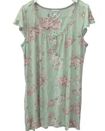 Vintage Miss Elaine Green Pink Floral Short Sleeve Nightgown Size L Midi Cottage