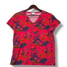 Sundance S Pink Floral V-Neck Tee Shirt 100% Cotton Short Sleeve‎ Made in India