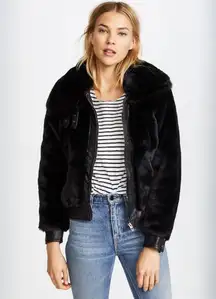 | Black Noise Faux Fur Bomber Jacket w/ Leather Trim Small NWT