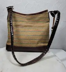 Brighton Tweed Purse Braided Leather Trim Heart Charm Brown Tan Check