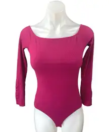 Sezane Women's Pink Long Sleeve Square Ribbed Knit One Piece Bodysuit Top Size S